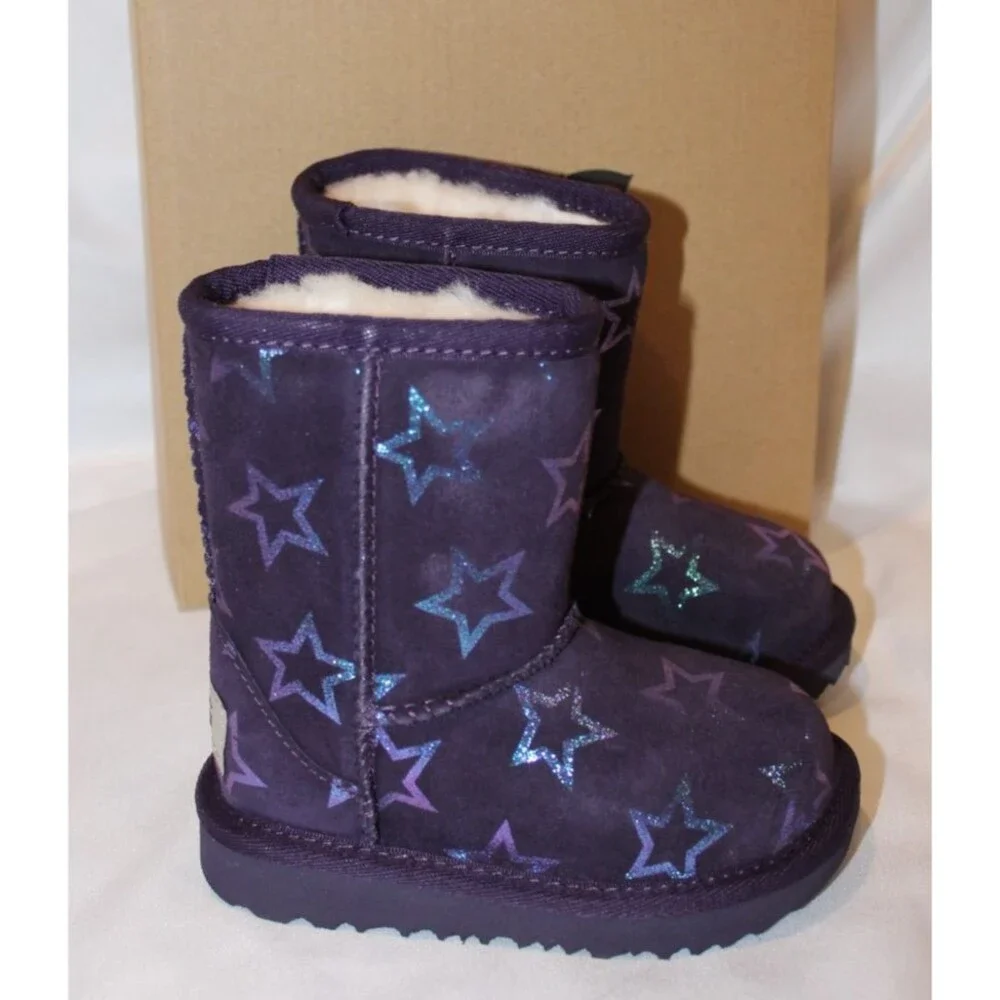 NIB UGG TODDLER CLASSIC‎ SHORTS STARS SUEDE SHEARLING LINED BOOTS PURPLE 6